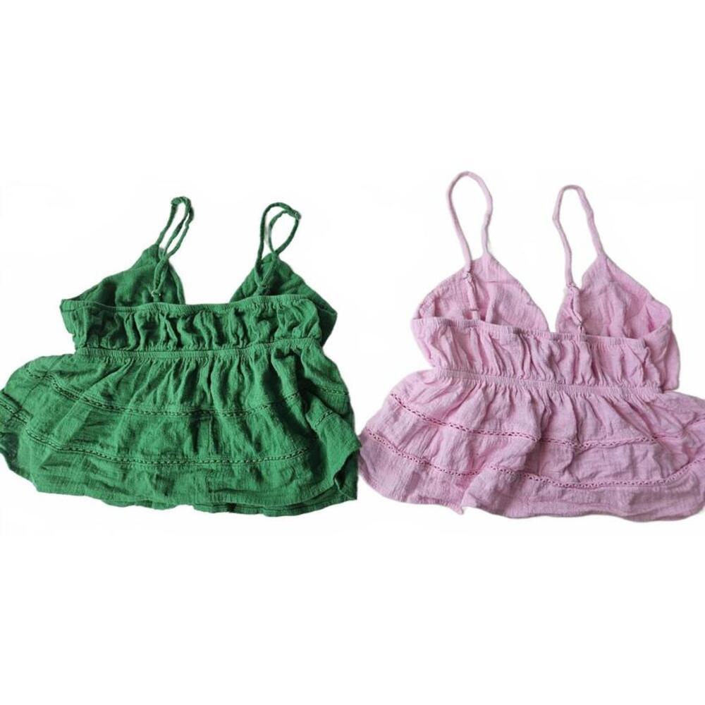 Wild Fable Two-Piece Summer Baby Doll Crop Top Set - Green & Pink Size S/M - Picture 2 of 10